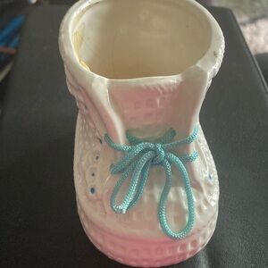 Darling boys bootie planter, white & blue, blue lace.